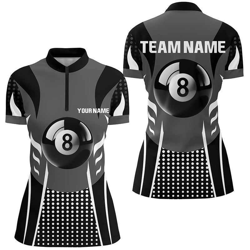 Personalized White Black 8 Ball Billiard 3D Quarter-Zip Shirts For Women, Billiard 8 Ball Pool Jersey VHM1039