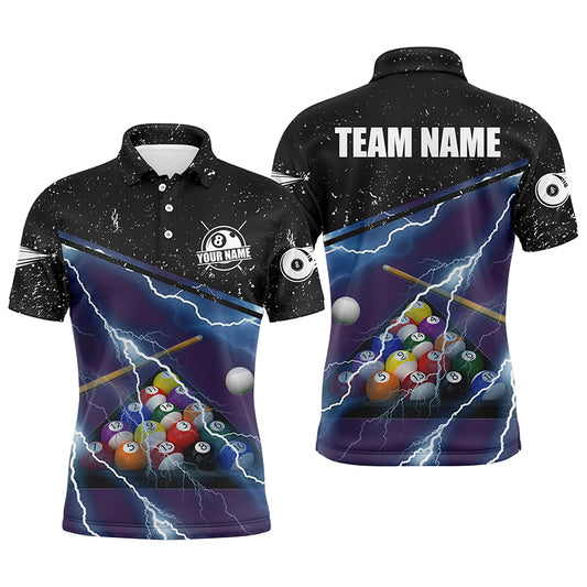 Personalized Thunder Lighting Purple Black Billiard Balls 3D Polo Shirts For Men, Billiards Jerseys VHM0465