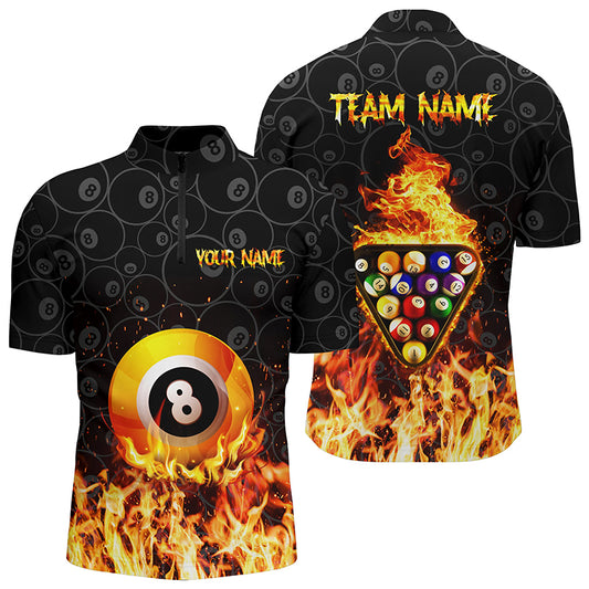 Personalized 3D Yellow Flame 8 Ball Pool Quarter-Zip Shirts For Men, Fire Billiard Balls Jerseys VHM0803