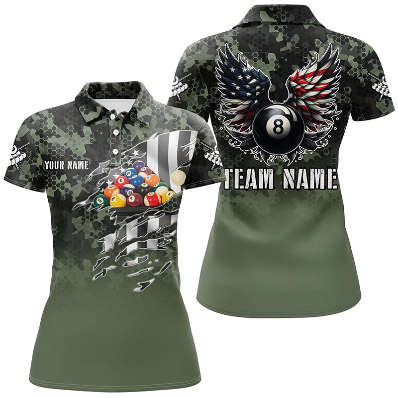 Personalized Camouflage US Flag Billiard Balls Shirts For Women, Funny Billiard 8 Ball Wings Jerseys VHM1196