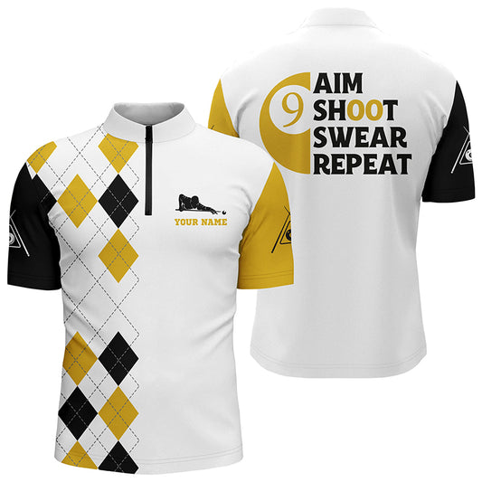 Personalized Aim Shoot Swear Repeat 9 Ball Pool Yellow Billiards Quarter-Zip Shirts For Men VHM0473