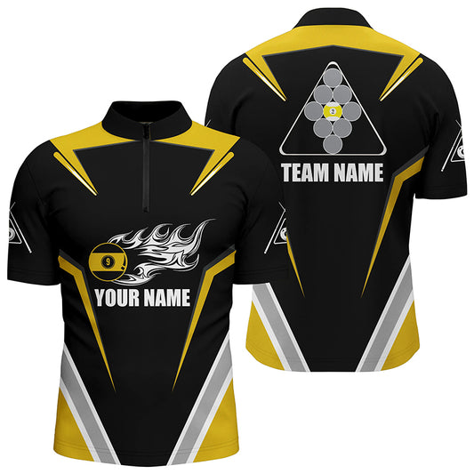 Personalized 9 Ball Pool Flame Yellow Black Billiard Quarter-Zip Shirts For Men, Billiards Jerseys VHM0474