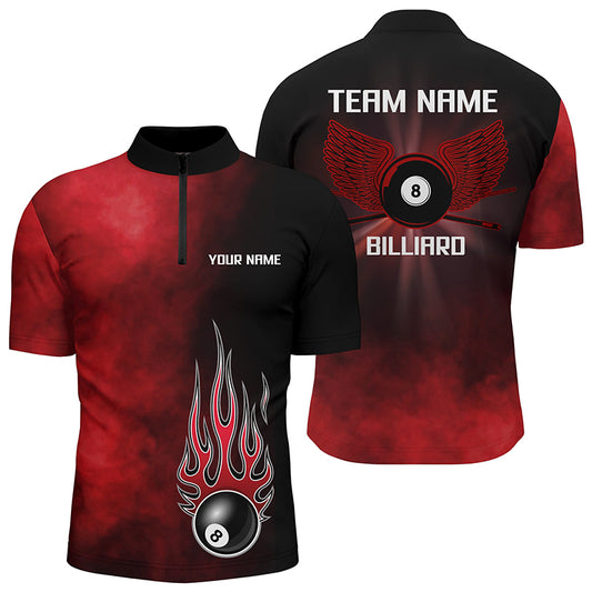 Personalized Black Red Flame 8 Ball Pool Quarter-Zip Shirts For Men, Billiard 8 Ball Wing Jerseys VHM0809