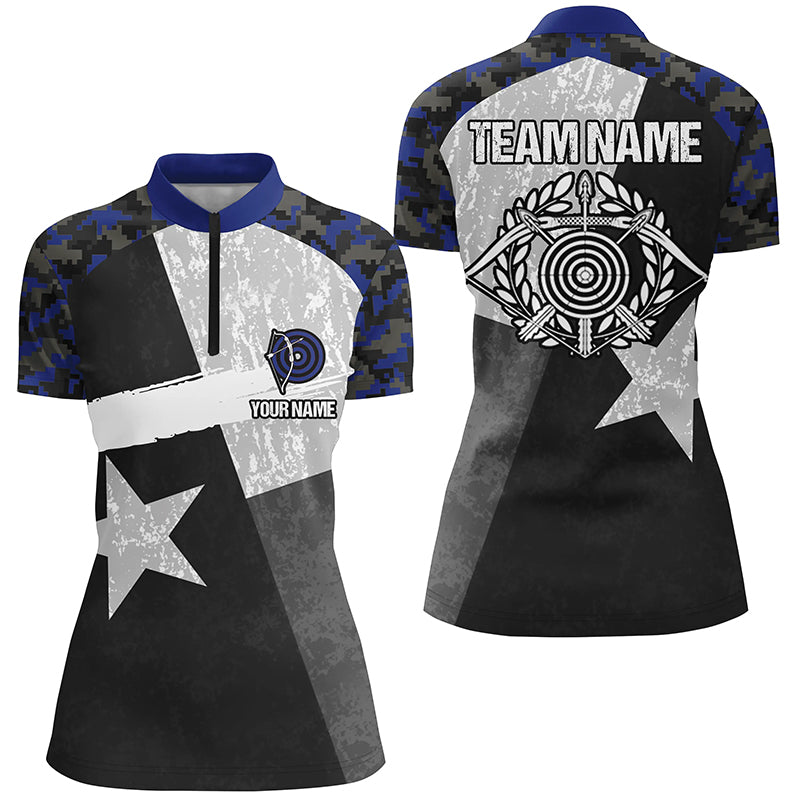 Personalized Blue Retro Texas Flag Archery Quarter-Zip Shirts For Women, 3D Targets Archery Jerseys VHM0692