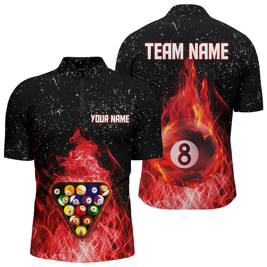 Personalized Fire Pool Balls Red Black Billiard 3D Quarter-Zip Shirts For Men, 8 Ball Pool Shirts VHM0503