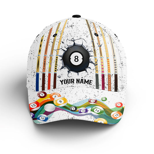8 Ball Billiards White Grunge Custom Name Cap Hats For Men And Women, Personalized 3D Billiard Hats VHM0274