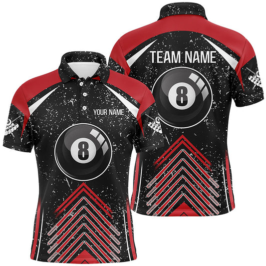 Personalized Red Black Grunge Billiard 8 Ball Pool 3D Polo Shirts For Men, Custom Billiard Jerseys VHM0287