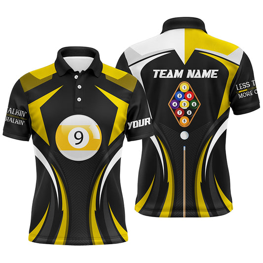Personalized Less Talkin More Chalkin Billiard Balls Yellow Polo Shirts For Men, 9 Ball Pool Shirts VHM0521