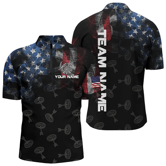 Personalized Vintage Smoke US Flag Archery 3D Quarter-Zip Shirts For Men, Archery Targets Jerseys VHM0976