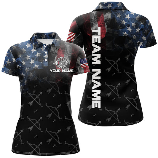 Personalized Vintage Smoke US Flag Archery 3D Polo Shirts For Women, Archery Bows Pattern Jerseys VHM0979