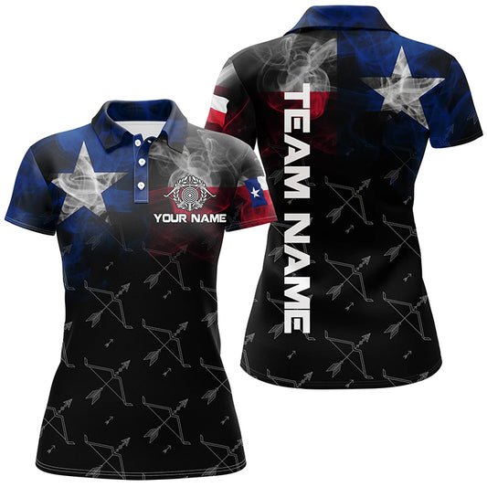 Personalized Vintage Smoke Texas Flag Archery Polo Shirts For Women, Archery Bows Pattern Jerseys VHM0980