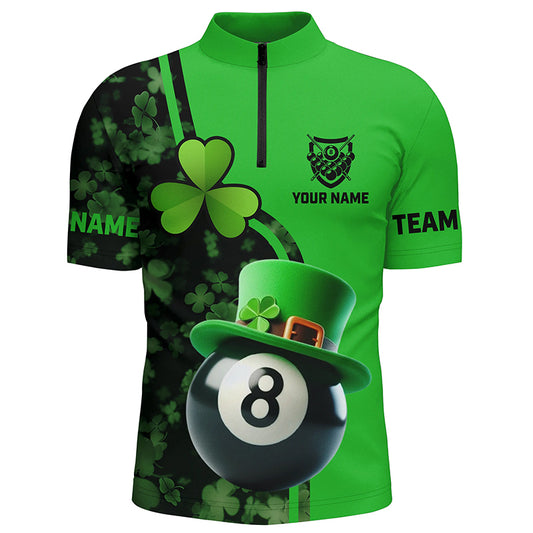 Personalized St Patrick's Day Billiard 8 Ball Quarter-Zip Shirts For Men, Shamrock Billiard Jerseys VHM0993