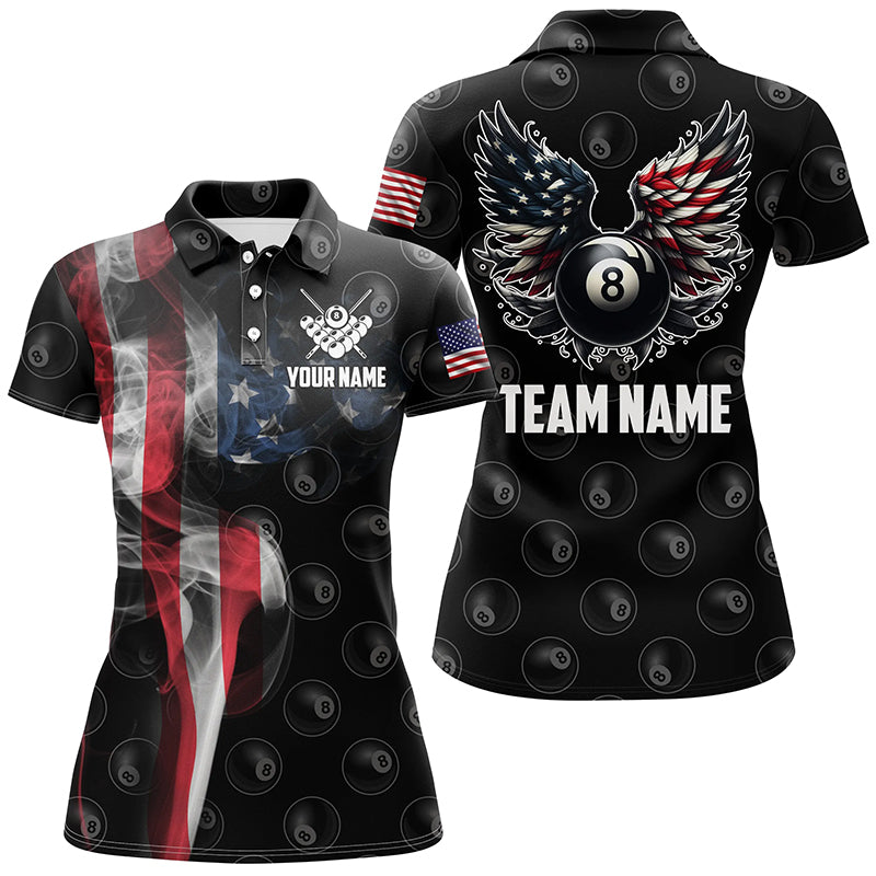 Personalized Smoke US Flag 8 Ball Billiard Polo Shirts For Women, Funny Billiard 8 Ball Wings Jerseys VHM0998