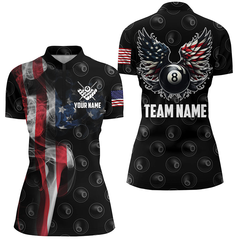 Personalized Smoke US Flag 8 Ball Billiard Quarter-Zip Shirts For Women, Funny Billiard Wings Jerseys VHM0998