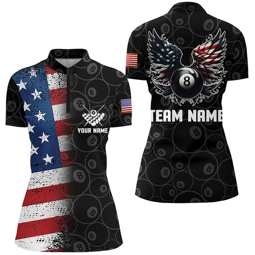 Personalized US Flag 8 Ball Billiard 3D Quarter-Zip Shirts For Women, Funny 8 Ball Pool Wings Jerseys VHM0999