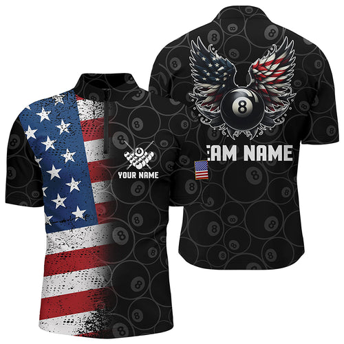 Personalized US Flag 8 Ball Billiard 3D Quarter-Zip Shirts For Men, Funny 8 Ball Pool Wings Jerseys VHM0999