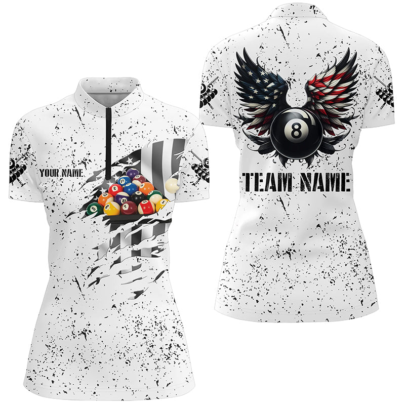 Personalized US Flag Billiard Balls 3D Quarter-Zip Shirts For Women, White 8 Ball Pool Wings Jerseys VHM1005