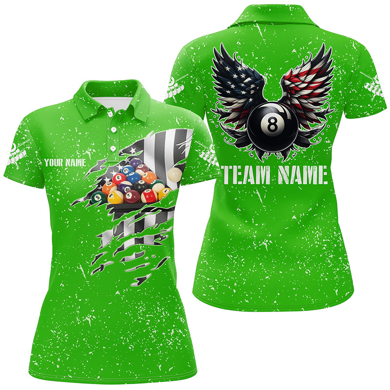 Personalized US Flag Billiard Balls 3D Polo Shirts For Women, Red Billiard 8 Ball Wings Jerseys VHM1007