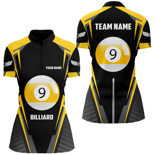 Personalized Black Yellow 9 Ball Pool Quarter-Zip Shirts For Women, 9 Ball Billiards Team Shirts VHM0612