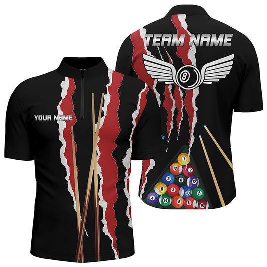 Personalized Red Black Sticks Billiard 8 Ball Quarter-Zip Shirts For Men, Billiard Balls Jerseys VHM0786