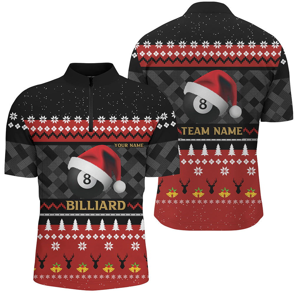 Personalized Funny Christmas 8 Ball Pool With Santa Claus Hat Billiard Quarter-Zip Shirts For Men VHM0652