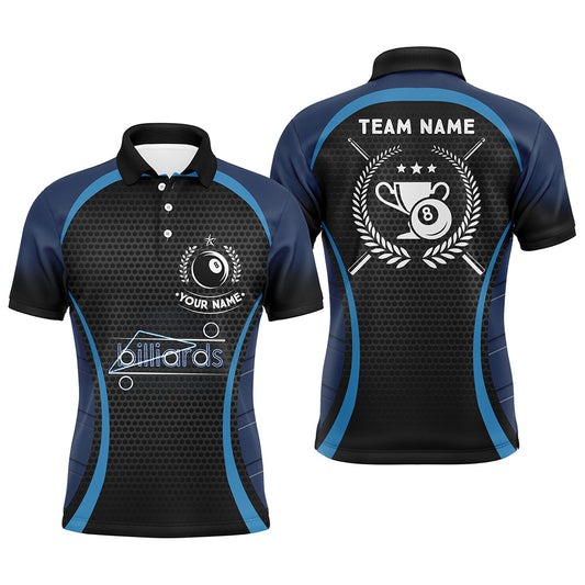 Personalized Blue 8 Ball Pool Polo Shirts For Men, Custom Billiard 8 Ball Emblem Trophy Jerseys VHM0798