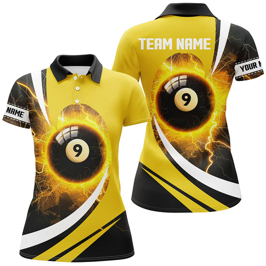 Personalized Thunder Lighting Yellow 9 Ball Billiards Shirts For Women Custom 9 Ball Pool Jerseys VHM1173