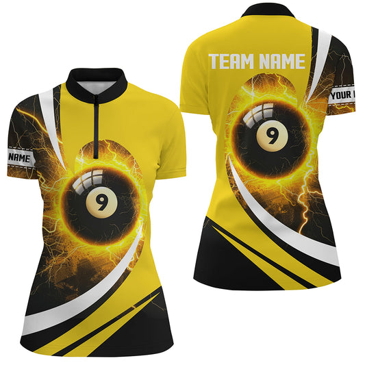 Personalized Thunder Lighting Yellow 9 Ball Billiards Shirts For Women Custom 9 Ball Pool Jerseys VHM1173