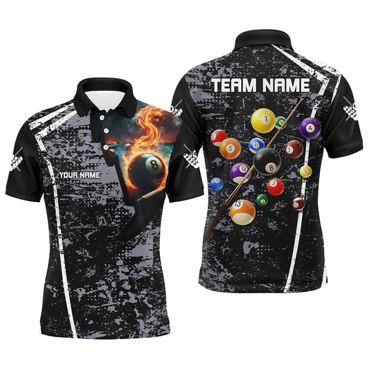 Personalized Grey Grunge Fire 8 Ball Billiard Polo Shirts For Men, 3D Pool Balls Billiard Jerseys VHM0952