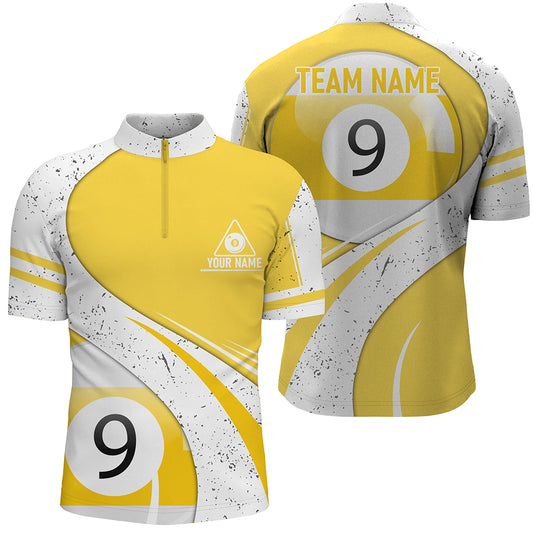Personalized 9 Ball Pool Yellow White Billiard Quarter-Zip Shirts For Men, 9 Ball Billiard Jerseys VHM0509
