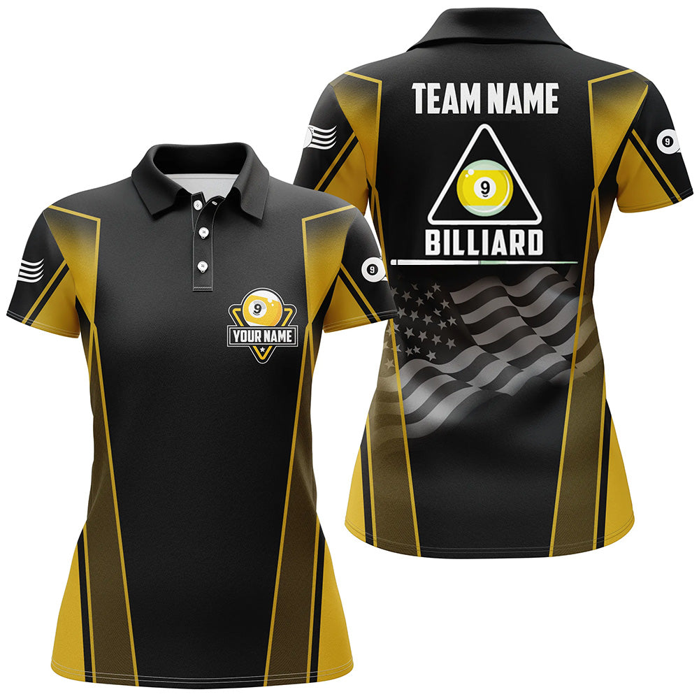 Personalized US Flag 9 Ball Pool 3D Polo Shirts For Women, Style Black Yellow Billiard 9 Ball Jerseys VHM1052