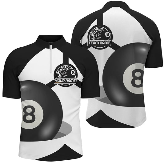 Personalized 8 Ball Pool Black White Billiard Quarter-Zip Shirts For Men, Pool Billiards Jerseys VHM0572