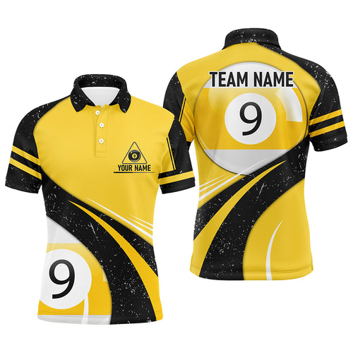 Personalized 9 Ball Pool Yellow Black Grunge Billiard Polo Shirts For Men, 9 Ball Billiard Jerseys VHM0633
