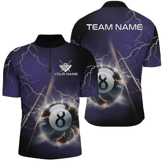 Personalized Thunder Lighting Purple 8 Ball Billiard 3D Quarter-Zip Shirts For Men, 8 Ball Jerseys VHM1029