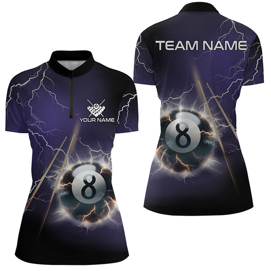Personalized Thunder Lighting Purple 8 Ball Billiard 3D Quarter-Zip Shirts For Women, 8 Ball Jerseys VHM1029