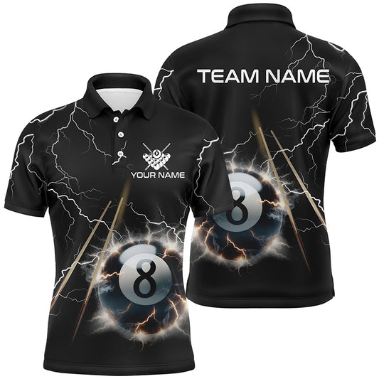 Personalized Thunder Lighting Black 8 Ball Billiard 3D Polo Shirts For Men, Pool Balls Jerseys VHM1031