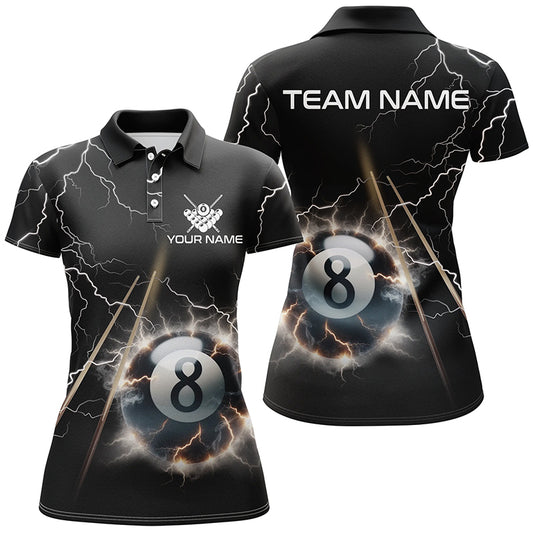 Personalized Thunder Lighting Black 8 Ball Billiard 3D Polo Shirts For Women, Pool Balls Jerseys VHM1031