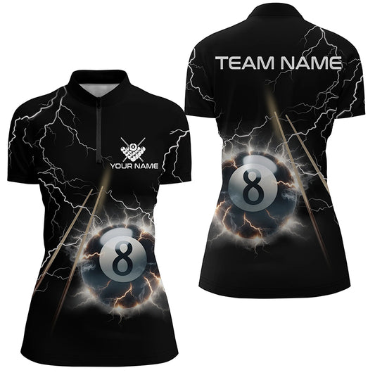 Personalized Thunder Lighting Black 8 Ball Billiard 3D Quarter-Zip Shirts For Women, 8 Ball Jerseys VHM1031