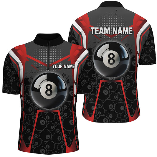 Personalized Red Black 8 Ball Billiard 3D Quarter-Zip Shirts For Men, 8 Ball Pool Pattern Jerseys VHM1033