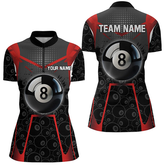 Personalized Red Black 8 Ball Billiard 3D Quarter-Zip Shirts For Women, 8 Ball Pool Pattern Jerseys VHM1033