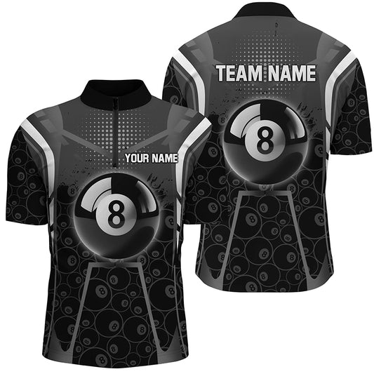 Personalized White Black 8 Ball Billiard 3D Quarter-Zip Shirts For Men, 8 Ball Pool Pattern Jerseys VHM1034
