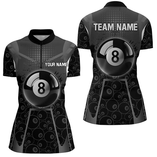 Personalized White Black 8 Ball Billiard 3D Quarter-Zip Shirts For Women, 8 Ball Pool Pattern Jerseys VHM1034