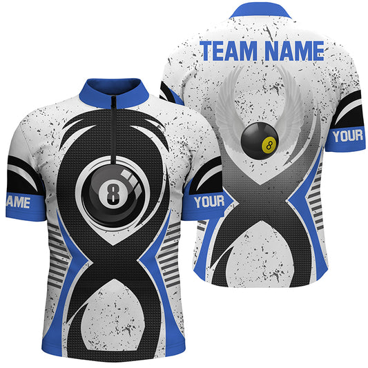 Personalized 8 Ball Pool Blue White Grunge Billiard Quarter-Zip Shirts For Men, Billiards Jerseys VHM0469