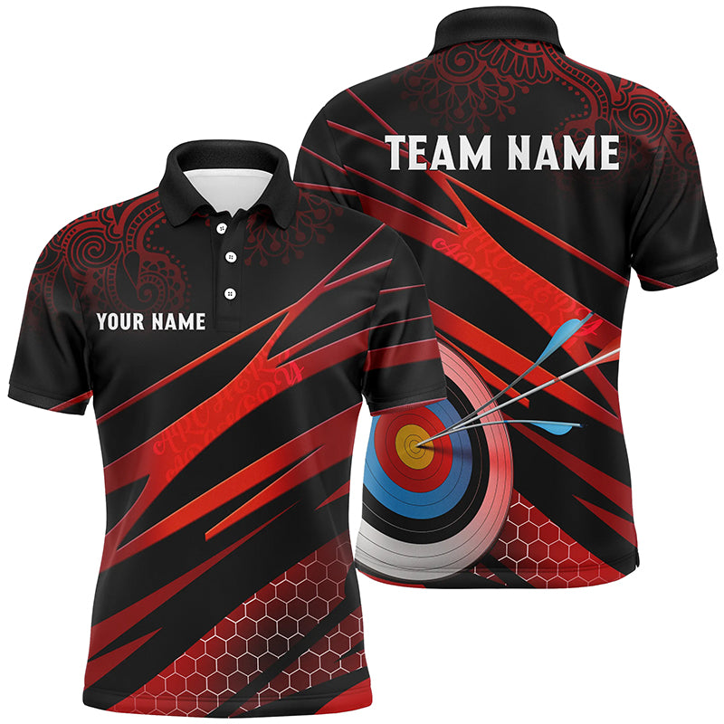 Personalized Red Black 3D Target Archery Polo Shirts For Men, Custom Tribal Pattern Archery Shirts VHM0678