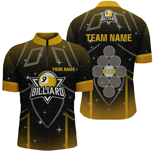 Personalized 9 Ball Pool Yellow Black Billiard 3D Quarter-Zip Shirts For Men, 9 Ball Pool Jerseys VHM0497