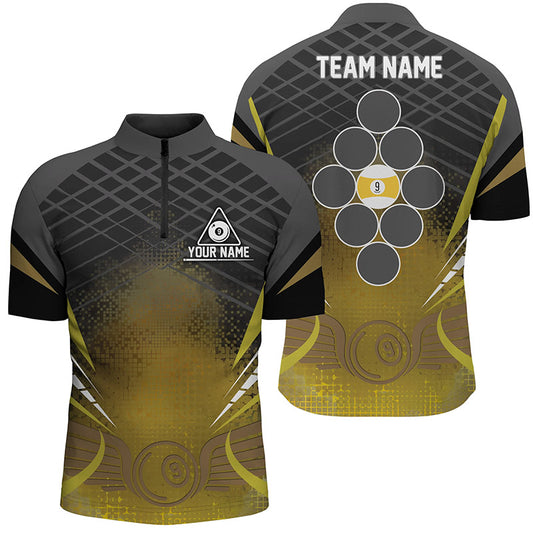 Personalized 9 Ball Pool Billiards Black Yellow Quarter-Zip Shirts For Men, Billiard Balls Jerseys VHM0507