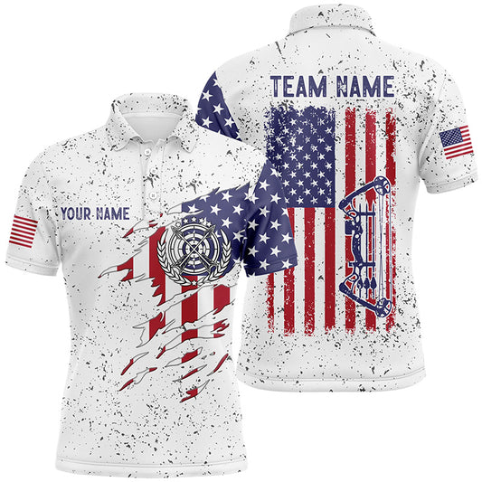 Personalized White Grunge US Flag Target Archery 3D Polo Shirts For Men, Custom Bow Archery Shirts VHM0988
