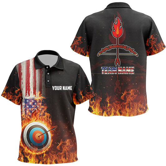 Personalized US Flag Flaming Target Archery 3D Polo Shirts For Kids, Fire Bow Arrow Archery Jerseys VHM0989
