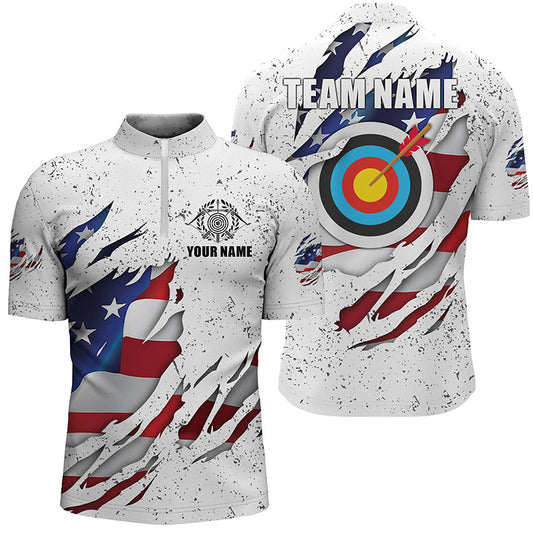 Personalized White Grunge US Flag Target Archery 3D Quarter-Zip Shirts For Men, Archery Team Shirts VHM0991