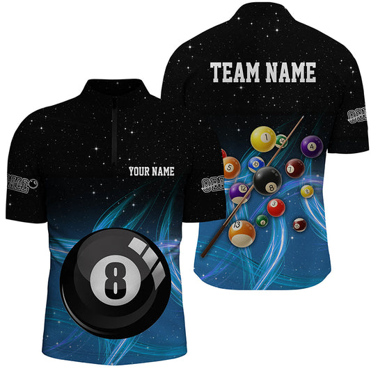 Personalized Blue Gradient 8 Ball Billiard 3D Quarter-Zip Shirts For Men, 8 Ball Pool Team Jerseys VHM1060